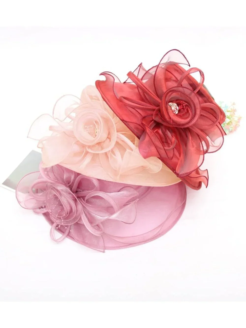 Elegant Organza Wedding Fascinator Tea Party Derby Hat - Flower Wide Brim Sun